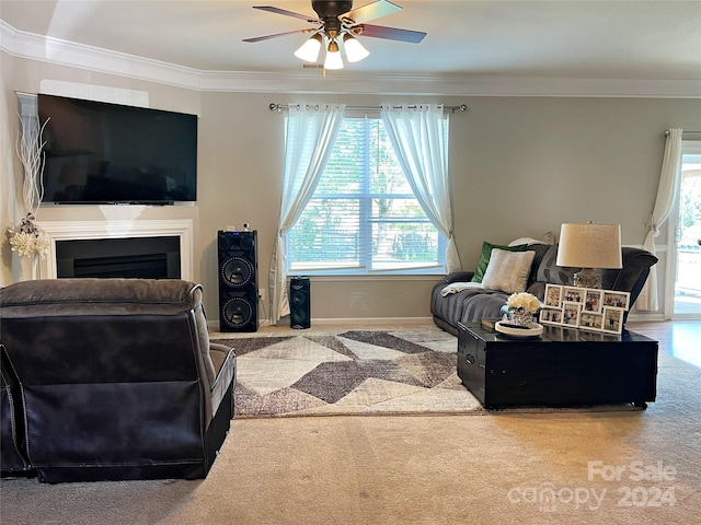 carpeted living area with baseboards, a ceiling fan, ornamental molding, and a fireplace