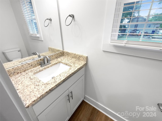 bathroom with wood-type flooring, toilet, and vanity