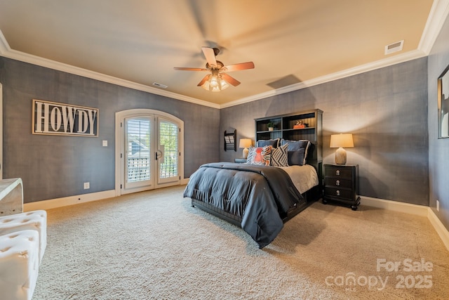 carpeted bedroom featuring ceiling fan, crown molding, french doors, and access to outside