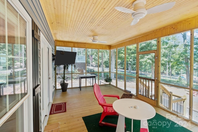 sunroom with wooden ceiling, ceiling fan, and plenty of natural light