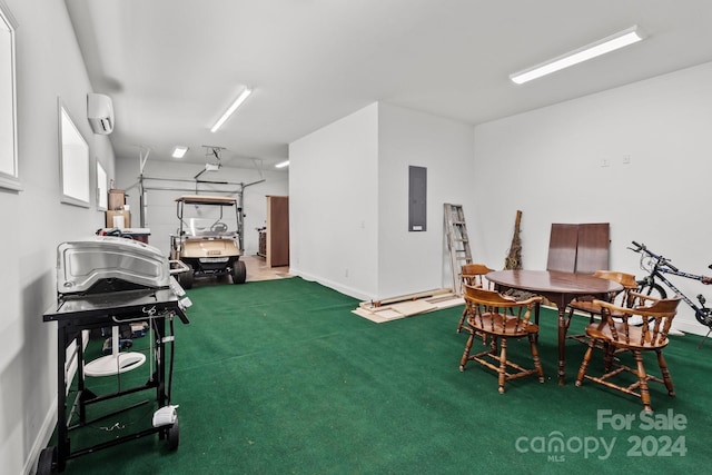 carpeted dining area featuring a wall mounted AC and electric panel