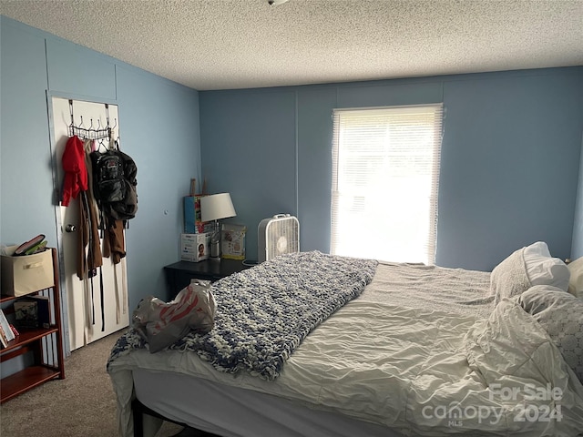 bedroom featuring carpet floors and a textured ceiling