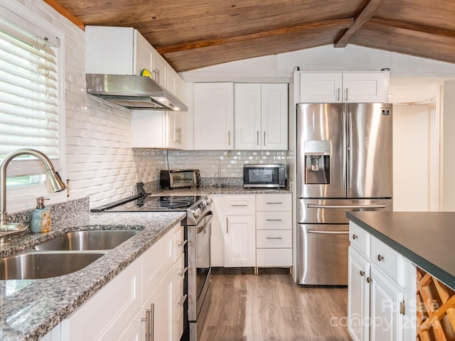 kitchen with white cabinetry, decorative backsplash, hardwood / wood-style flooring, and stainless steel appliances