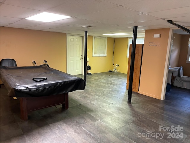 rec room with pool table and a drop ceiling