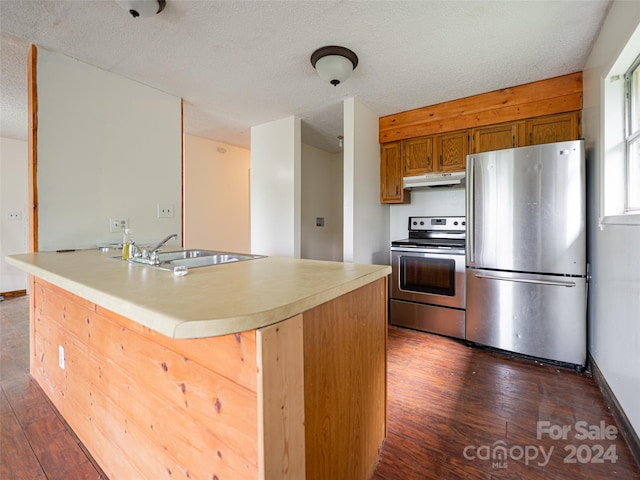 kitchen with a textured ceiling, kitchen peninsula, dark hardwood / wood-style floors, stainless steel appliances, and sink