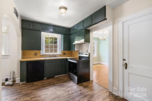 kitchen with stainless steel electric range, decorative backsplash, sink, black dishwasher, and dark hardwood / wood-style floors