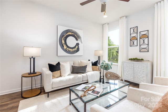 living room with ceiling fan and hardwood / wood-style floors