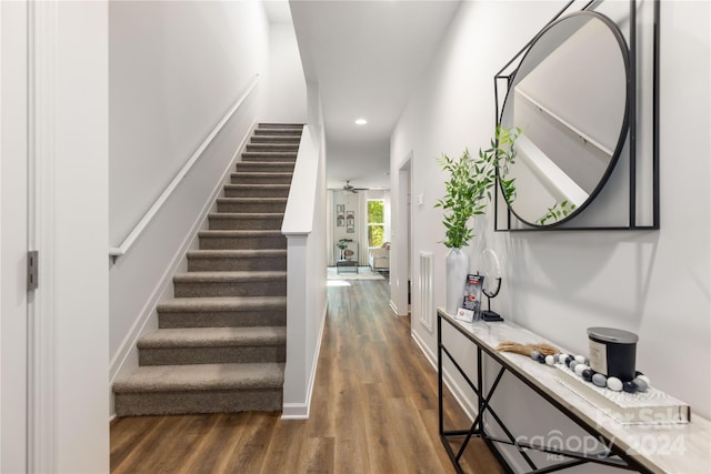 stairway featuring hardwood / wood-style floors