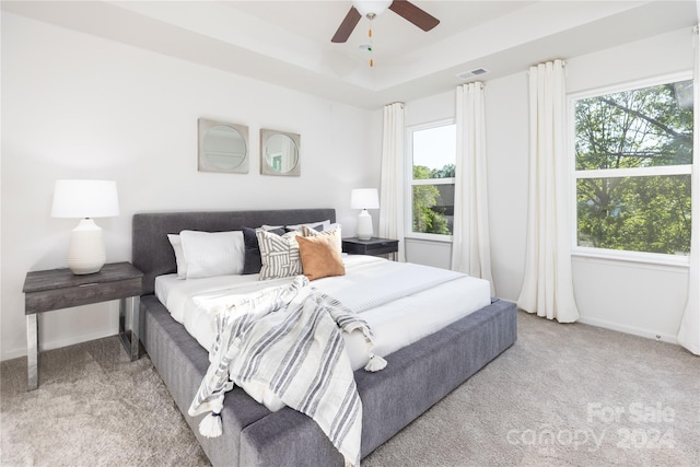 carpeted bedroom featuring multiple windows, a raised ceiling, and ceiling fan