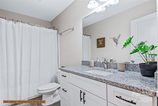 bathroom with vanity, toilet, and a shower with shower curtain