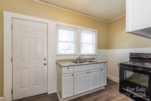 kitchen with white cabinets, black / electric stove, sink, dark hardwood / wood-style floors, and ornamental molding