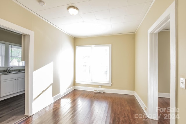 unfurnished room with crown molding, hardwood / wood-style flooring, and sink