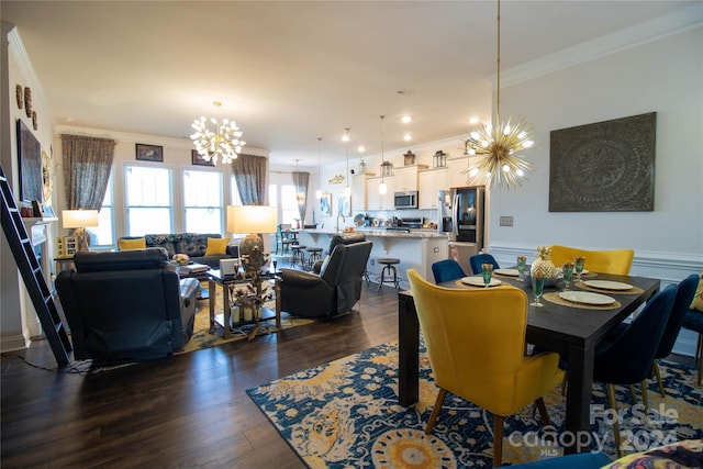 dining area with crown molding, a notable chandelier, and dark hardwood / wood-style flooring