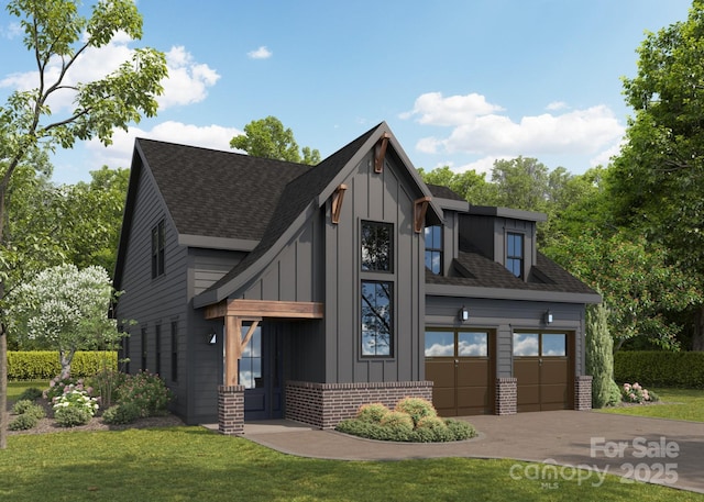 view of front of house featuring brick siding, a shingled roof, driveway, board and batten siding, and a front yard