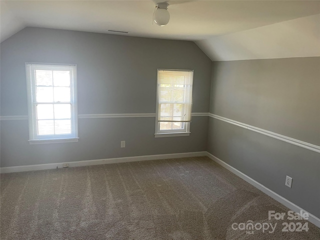 additional living space with carpet flooring, a wealth of natural light, and vaulted ceiling