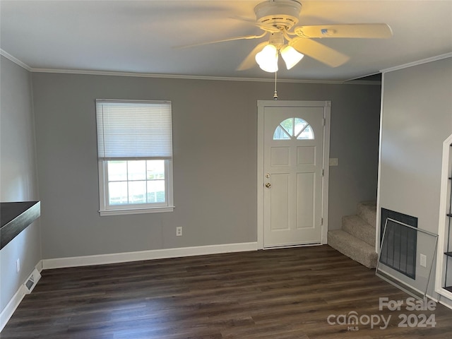 foyer entrance featuring ceiling fan, dark wood-type flooring, and a wealth of natural light