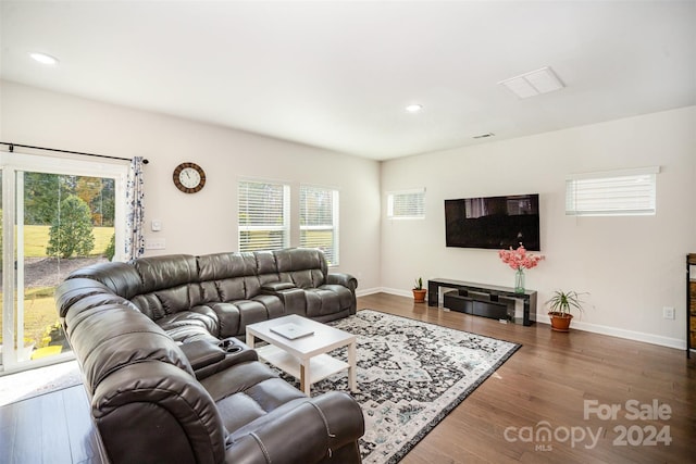 living room with dark hardwood / wood-style flooring and a wealth of natural light