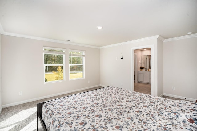 unfurnished bedroom featuring connected bathroom, ornamental molding, and carpet floors