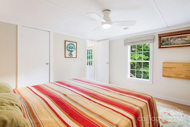 bedroom with ceiling fan and light hardwood / wood-style floors