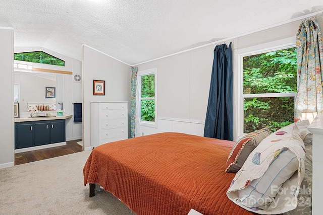 bedroom featuring vaulted ceiling, a textured ceiling, and dark hardwood / wood-style floors