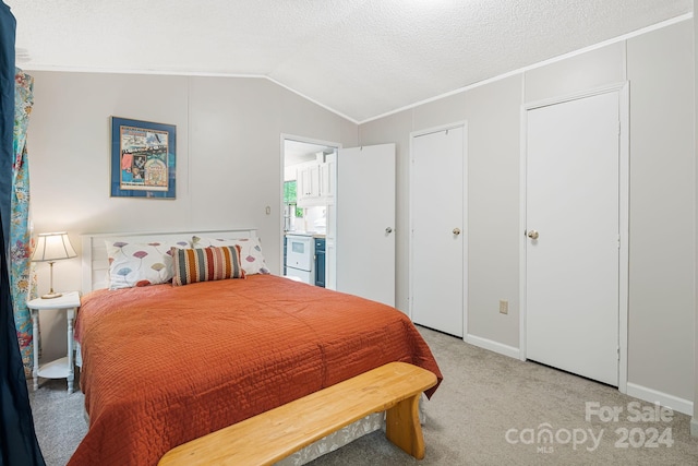 carpeted bedroom featuring a textured ceiling, vaulted ceiling, and crown molding