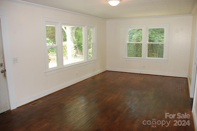 empty room with a wealth of natural light, crown molding, dark wood-type flooring, and baseboards