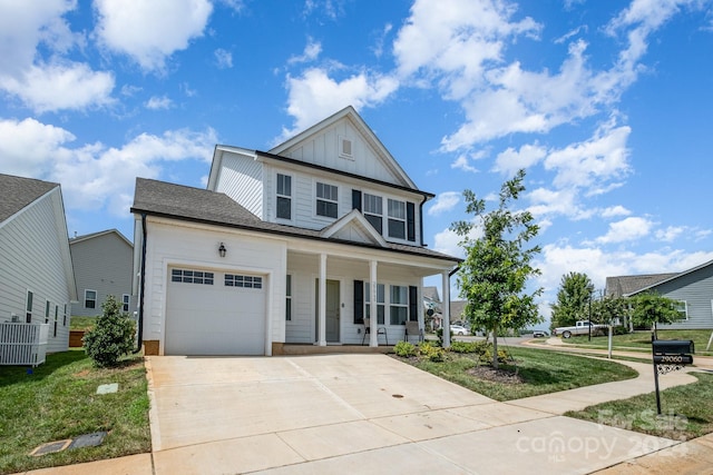 view of front of property with concrete driveway, covered porch, an attached garage, central AC unit, and board and batten siding