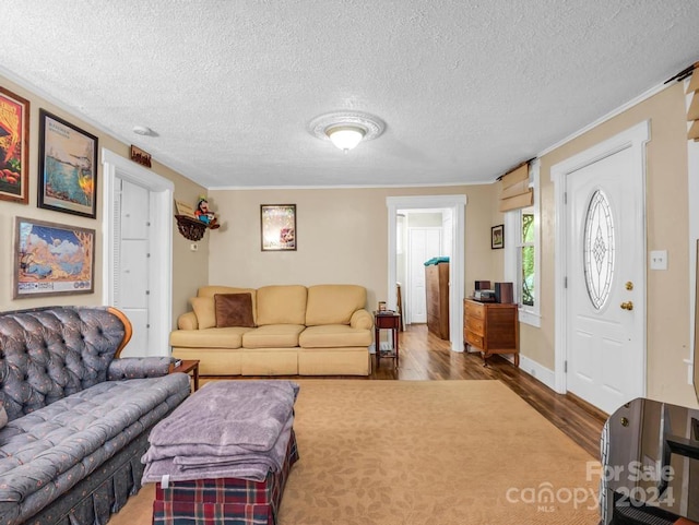 living area featuring a textured ceiling, wood finished floors, and crown molding