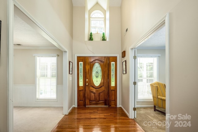 carpeted foyer entrance with plenty of natural light, crown molding, and a textured ceiling