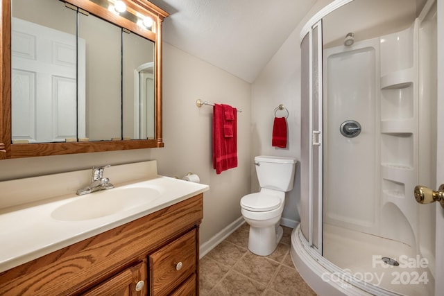 bathroom featuring toilet, an enclosed shower, tile patterned flooring, vanity, and lofted ceiling