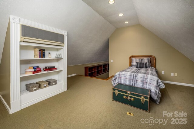 bedroom featuring carpet floors, baseboards, lofted ceiling, and recessed lighting