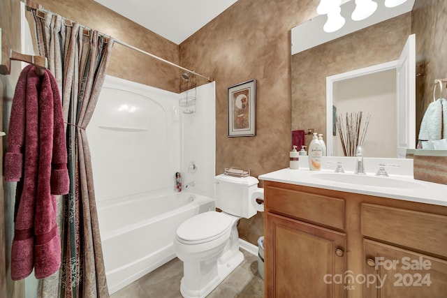 full bath with shower / bathtub combination, tile patterned flooring, vanity, and toilet