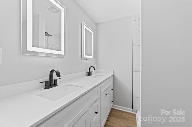 bathroom featuring wood-type flooring and vanity