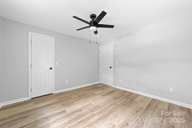 unfurnished room with ceiling fan and light hardwood / wood-style flooring