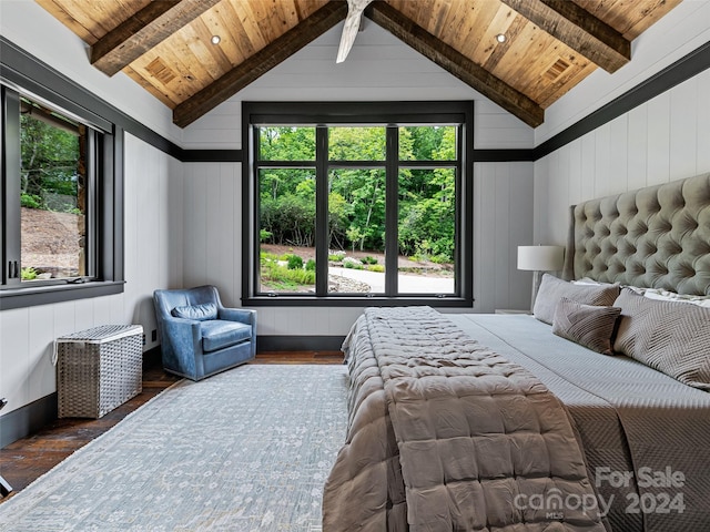 bedroom featuring lofted ceiling with beams, wooden ceiling, and dark hardwood / wood-style floors