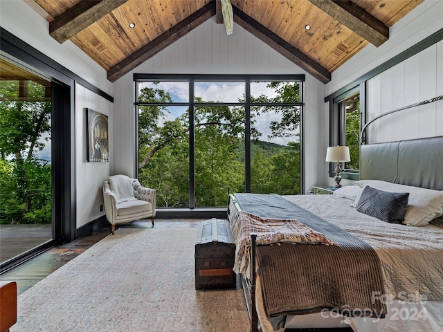 bedroom featuring lofted ceiling with beams, dark hardwood / wood-style floors, access to exterior, and wood ceiling