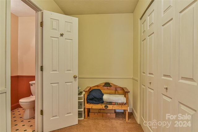 carpeted bedroom with ensuite bath