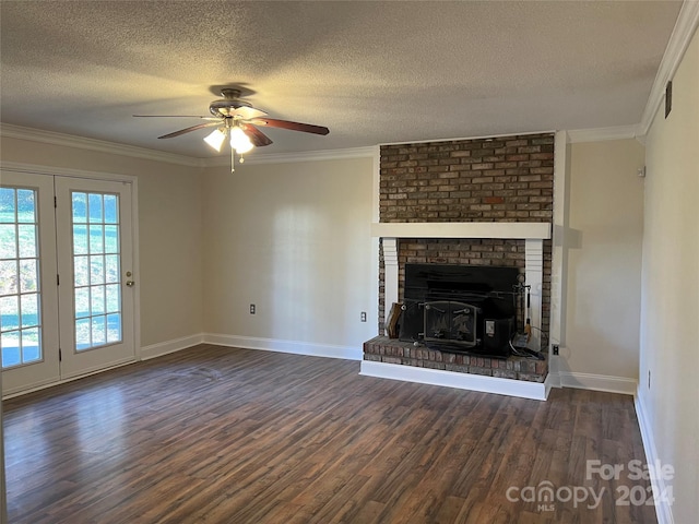 unfurnished living room featuring crown molding, dark hardwood / wood-style flooring, and a textured ceiling