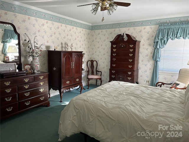 bedroom featuring ceiling fan and dark colored carpet