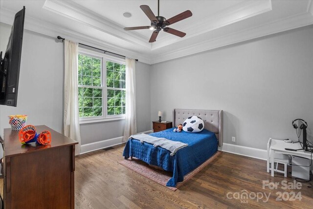 bedroom featuring dark hardwood / wood-style flooring, a tray ceiling, and ceiling fan