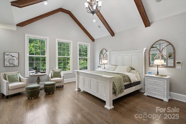 bedroom with dark wood-type flooring, a chandelier, high vaulted ceiling, and beamed ceiling