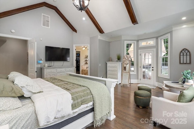 bedroom with high vaulted ceiling, dark hardwood / wood-style flooring, access to exterior, crown molding, and beam ceiling