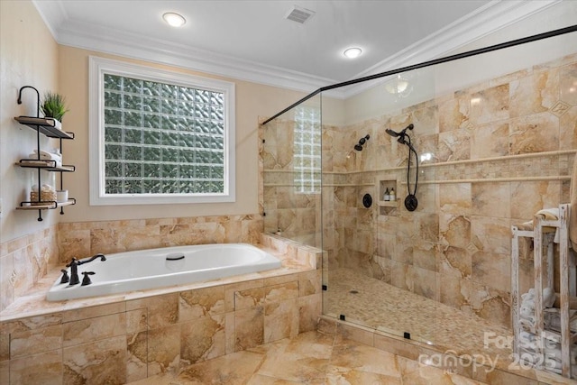 bathroom featuring crown molding and independent shower and bath