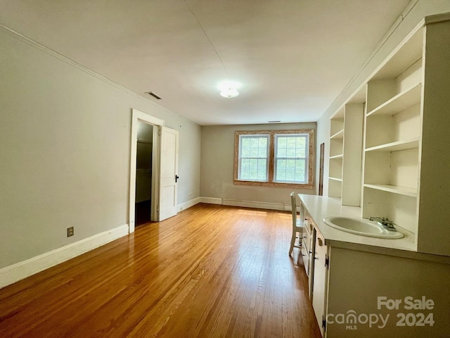 interior space featuring light hardwood / wood-style flooring, built in features, and sink