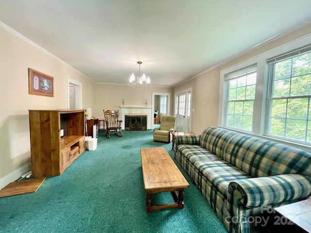 carpeted living room with ornamental molding and a notable chandelier