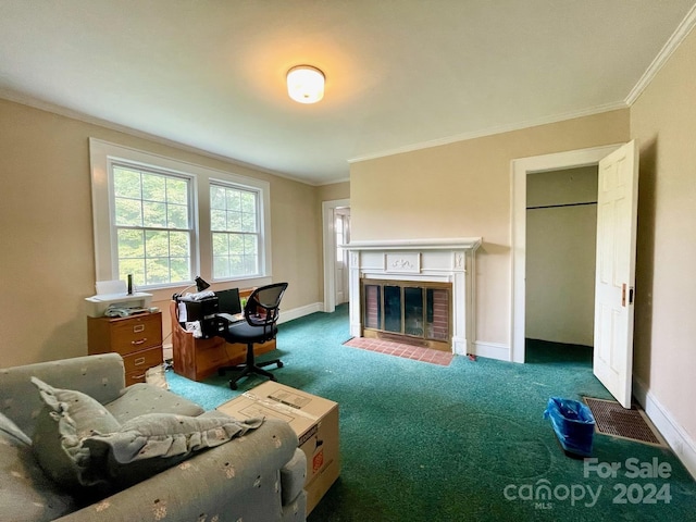 living room featuring a fireplace, dark colored carpet, and ornamental molding