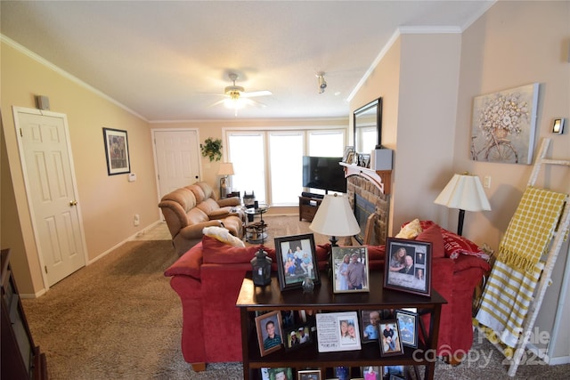 carpeted living room with ceiling fan, ornamental molding, a fireplace, and vaulted ceiling