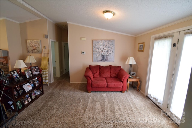 living room with carpet flooring, ornamental molding, and a textured ceiling