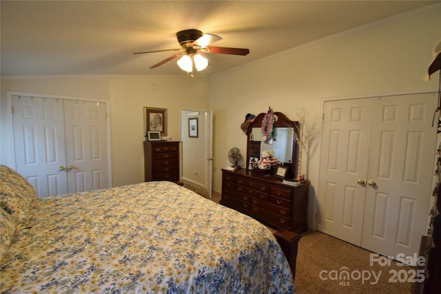 bedroom featuring ceiling fan, ornamental molding, and multiple closets