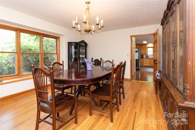 dining room featuring a wealth of natural light, a notable chandelier, light wood-type flooring, and a textured ceiling